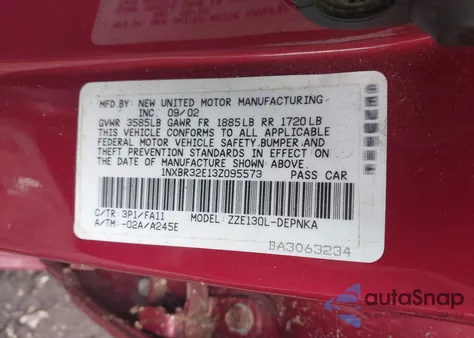 2003 Toyota Corolla Ce/Le/S from USA, damaged, VIN 1NXBR32E13Z095573